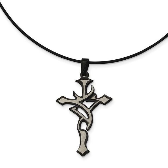 Stainless Steel Black and Grey Accent Cross Necklace